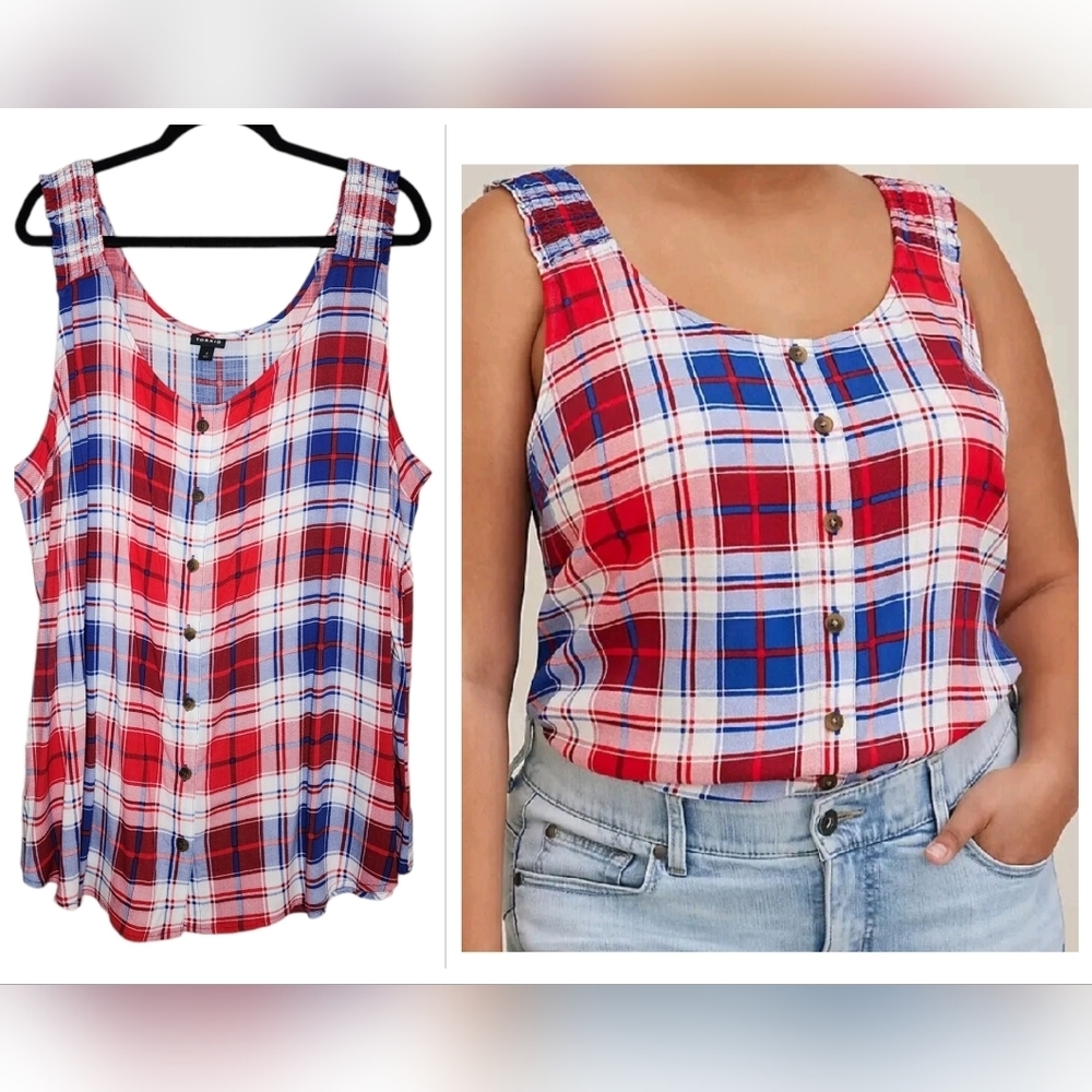 Torrid Stretch Rayon Slub Button Front Tank Plaid Red White & Blue. Size 3